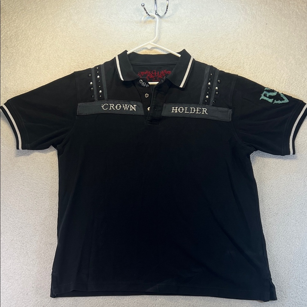 Crown Holder Men’s Black Studded Polo Shirt XXL Embroidered Logo Streetwear